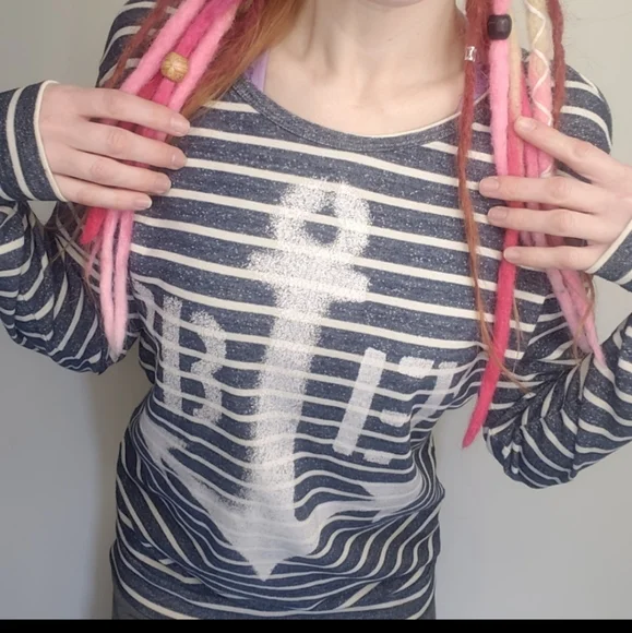 Obey Top Womens Long Sleeve Shirt Striped Blue Anchor Medium Spray Paint  NEW - Picture 4 of 10